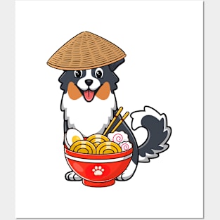 Funny collie dog is eating noodles Posters and Art